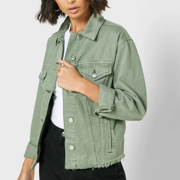 TOPSHOP Khaki Denim Raw Hem Oversized Jacket